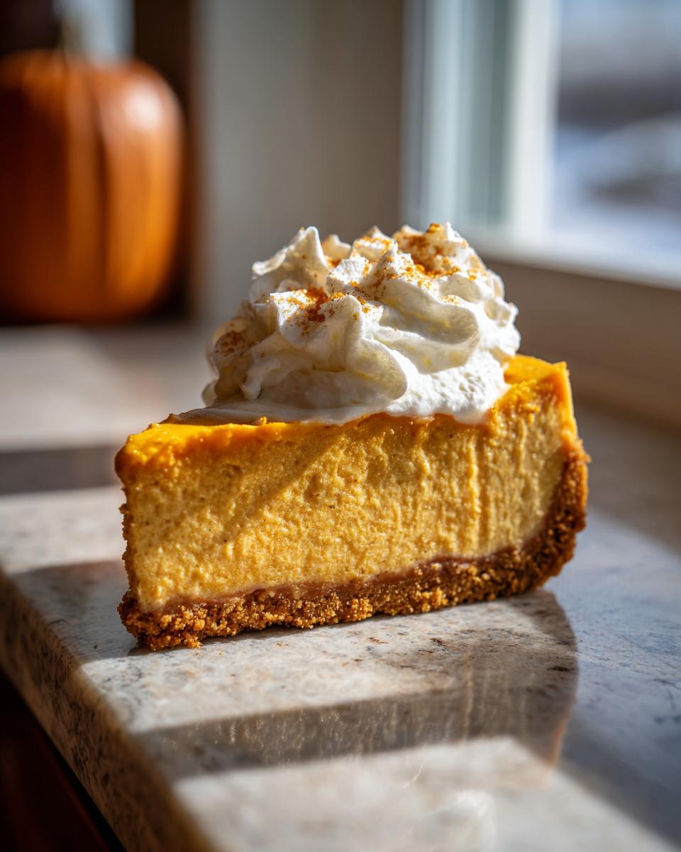 A delicious slice of Pumpkin Cheesecake topped with whipped cream and a sprinkle of cinnamon.