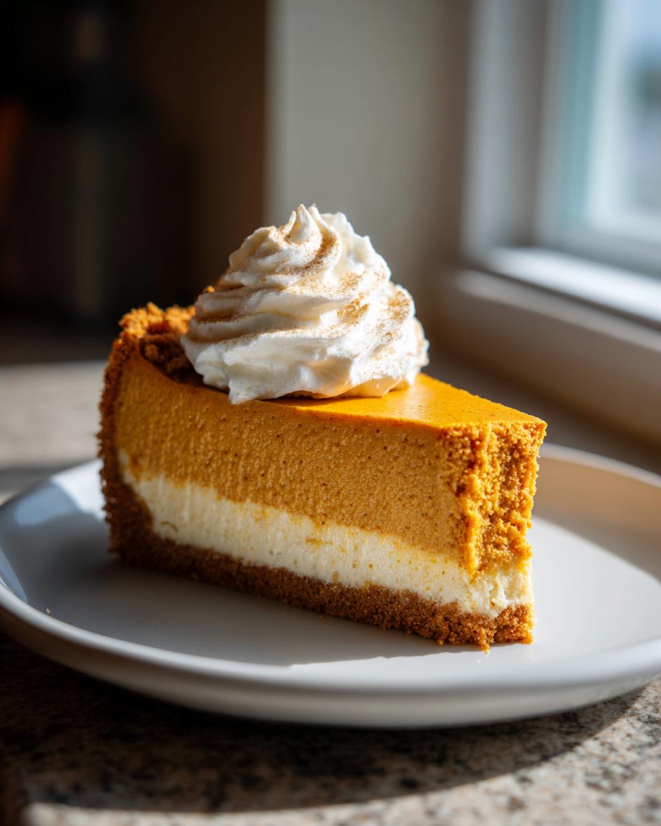 A perfect slice of Pumpkin Cheesecake with a creamy white layer, topped with whipped cream and a sprinkle of cinnamon.