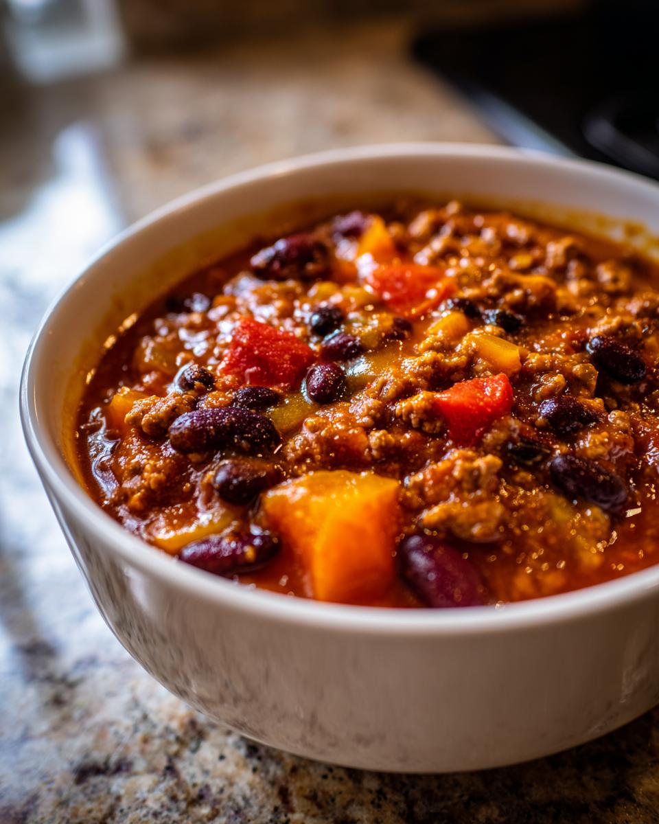 Close-up of a bowl of hearty Pumpkin Chili with kidney beans, chunks of pumpkin, and ground meat.