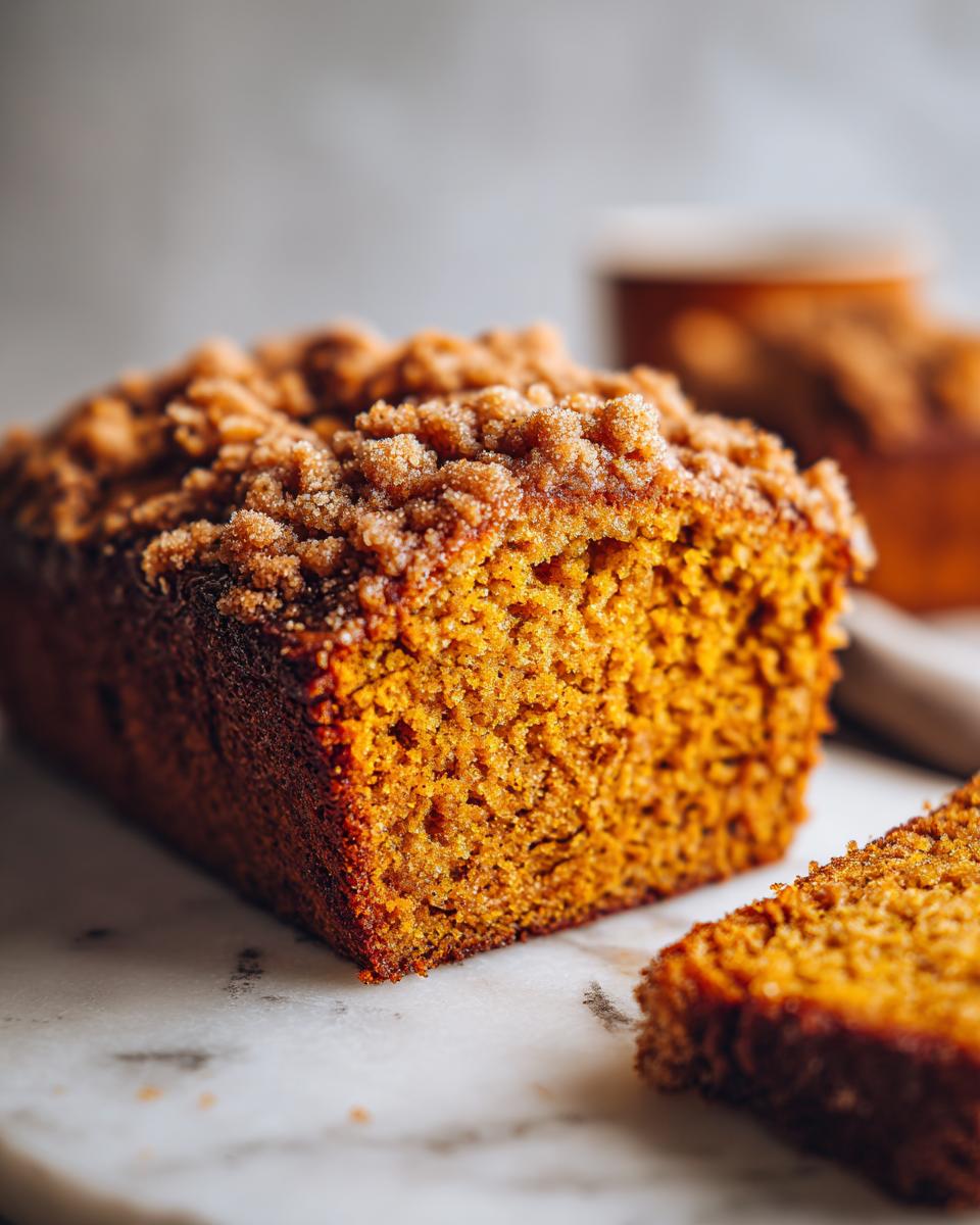 Close-up of a moist Pumpkin Coffee Cake with a generous crumble topping, a slice cut and placed beside it.
