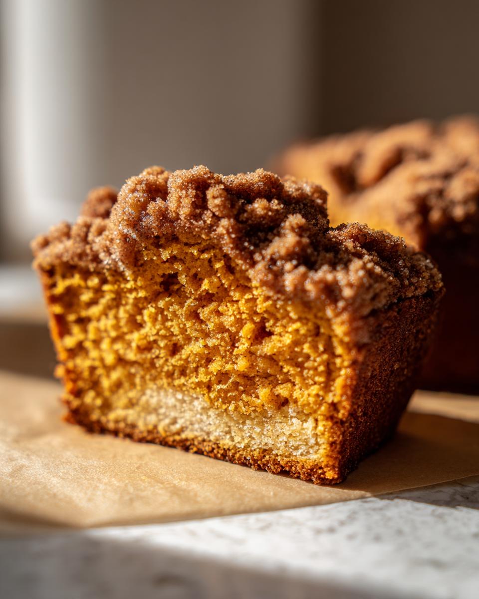 Close-up of a moist slice of Pumpkin Coffee Cake with a crumbly cinnamon topping.