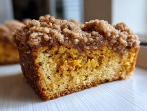 Close-up of a moist slice of Pumpkin Coffee Cake with a crumbly streusel topping.