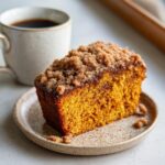 A moist slice of Pumpkin Coffee Cake with a crumb topping, served on a plate next to a cup of coffee.