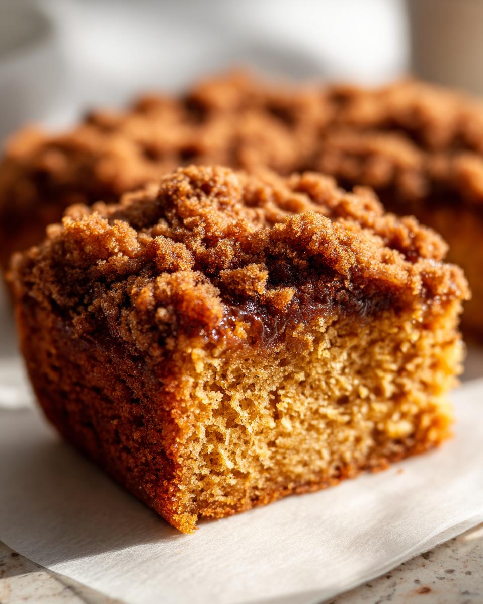 Close-up of a moist slice of Pumpkin Coffee Cake with a generous crumbly streusel topping.