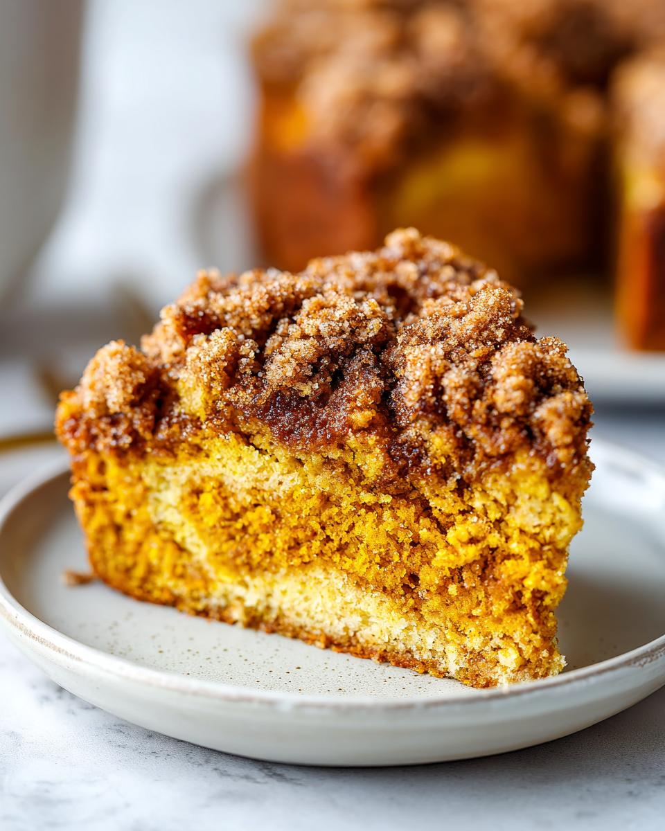 A close-up of a slice of moist Pumpkin Coffee Cake with a crumbly cinnamon streusel topping on a plate.