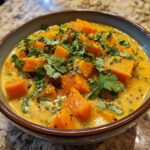 A close-up of a bowl of vibrant Pumpkin Curry, filled with tender pumpkin chunks and garnished with fresh cilantro.