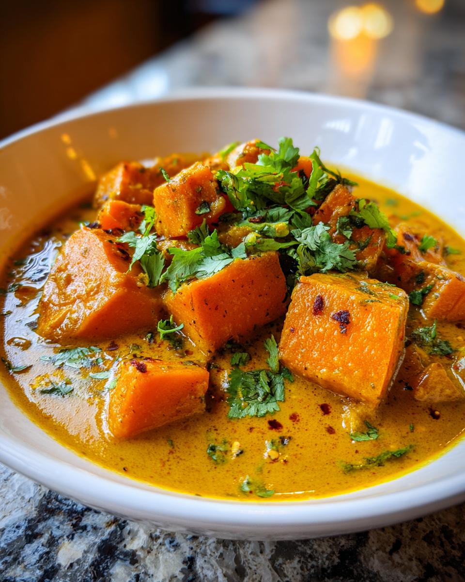 A close-up of a bowl of vibrant Pumpkin Curry, featuring tender pumpkin chunks in a rich, golden sauce, garnished with fresh cilantro.