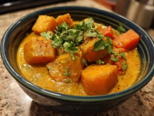 A close-up of a bowl of savory Pumpkin Curry, featuring tender pumpkin chunks in a creamy sauce, garnished with fresh cilantro.