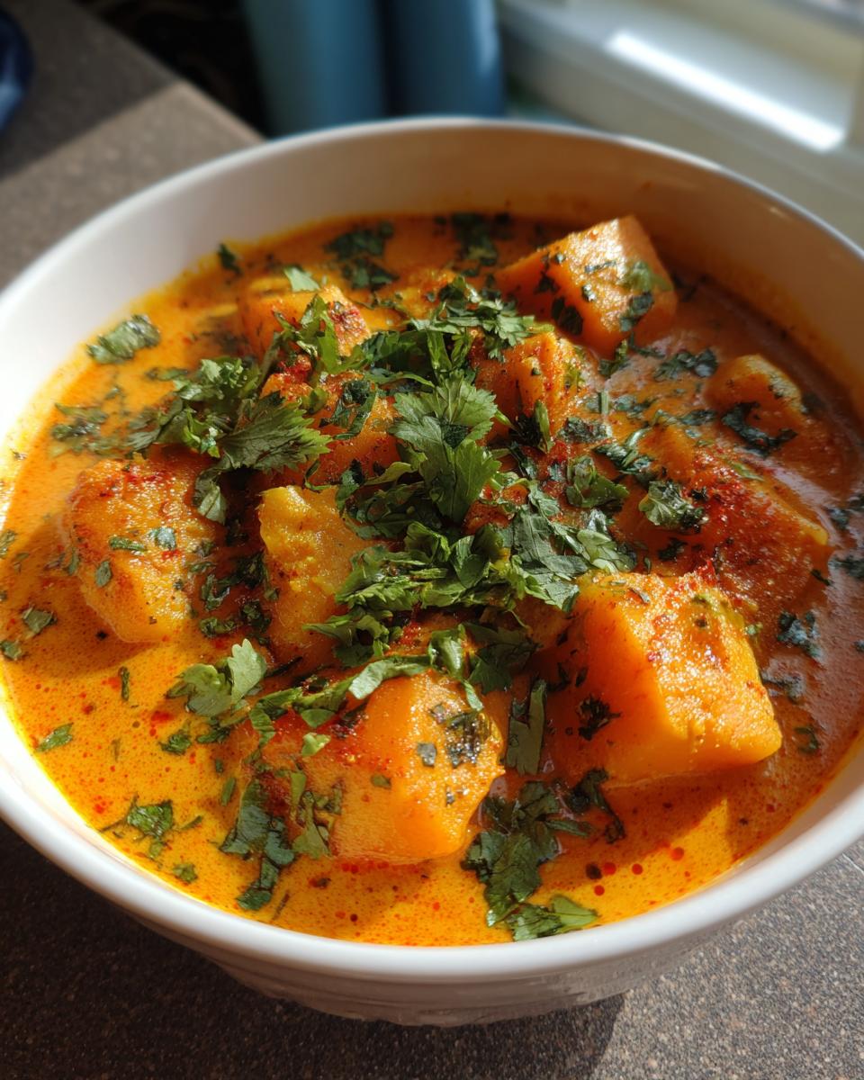 A close-up of a bowl of vibrant Pumpkin Curry, garnished with fresh cilantro and spices.