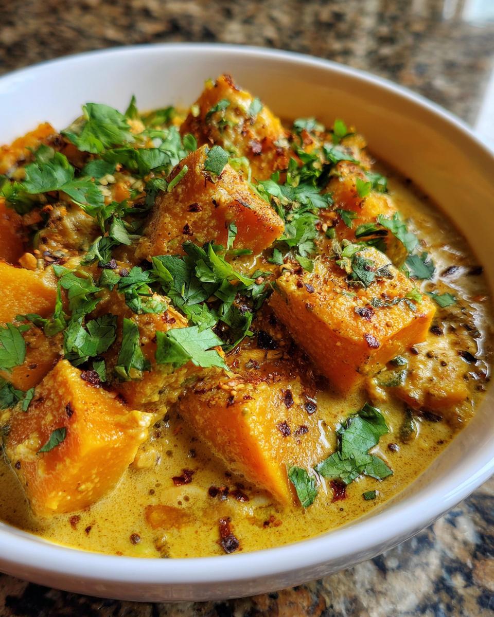 Close-up of a bowl of vibrant Pumpkin Curry, featuring tender pumpkin chunks in a creamy yellow sauce, garnished with fresh cilantro and chili flakes.