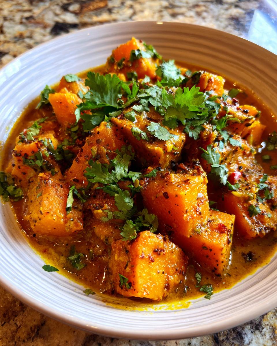 Close-up of a bowl of vibrant Pumpkin Curry, garnished with fresh cilantro and spices.