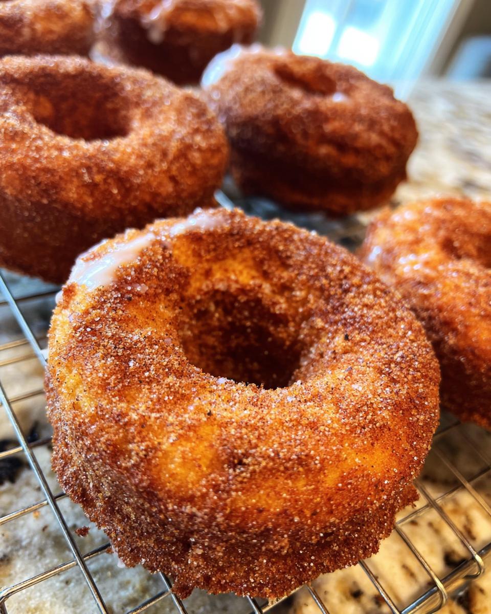 Close-up of freshly baked Pumpkin Donuts coated in cinnamon sugar and drizzled with glaze.