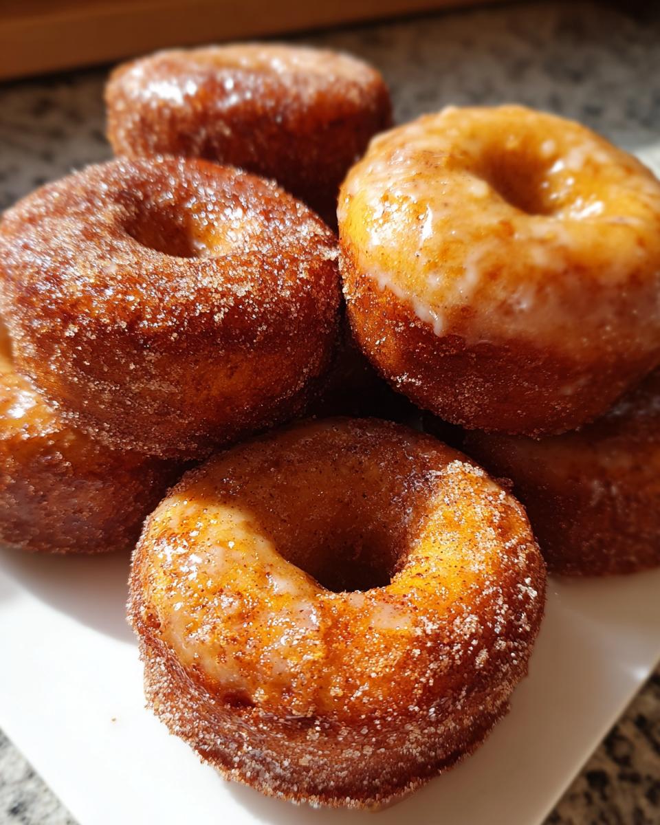 A close-up of freshly baked pumpkin donuts, some coated in cinnamon sugar and others with a glaze.