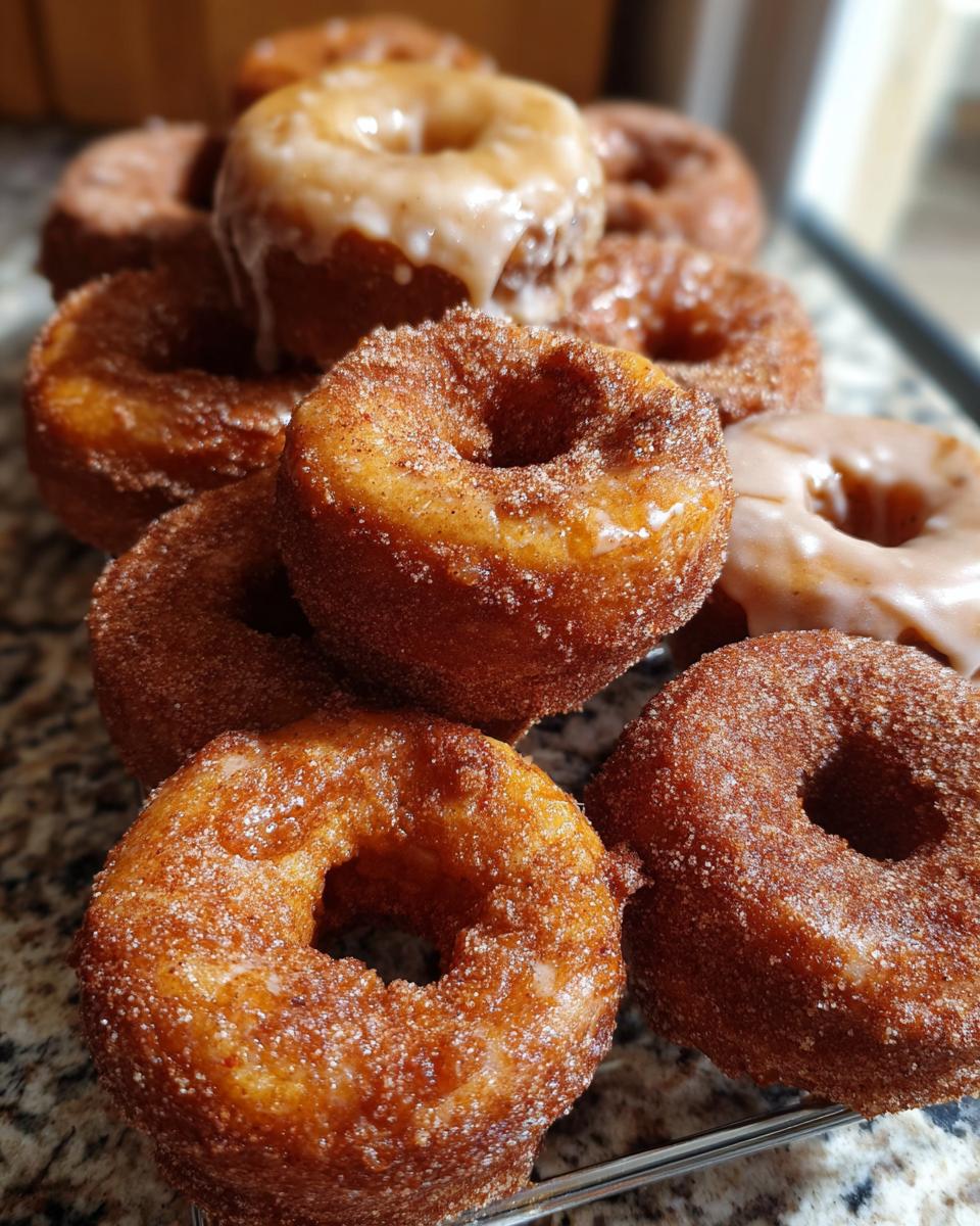 A close-up of a stack of freshly baked Pumpkin Donuts, some coated in cinnamon sugar and others with a light glaze.