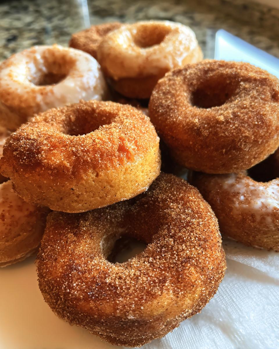Close-up of a pile of freshly baked Pumpkin Donuts, some coated in cinnamon sugar and others with a light glaze.