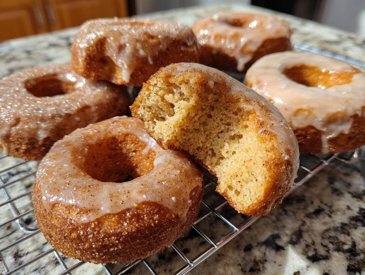 A close-up of freshly baked Pumpkin Donuts on a cooling rack, some with a glaze and others with cinnamon sugar. One donut is broken in half to show its texture.