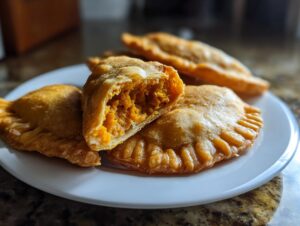 Close-up of golden-brown baked pumpkin empanadas on a white plate, one split open revealing the pumpkin filling.