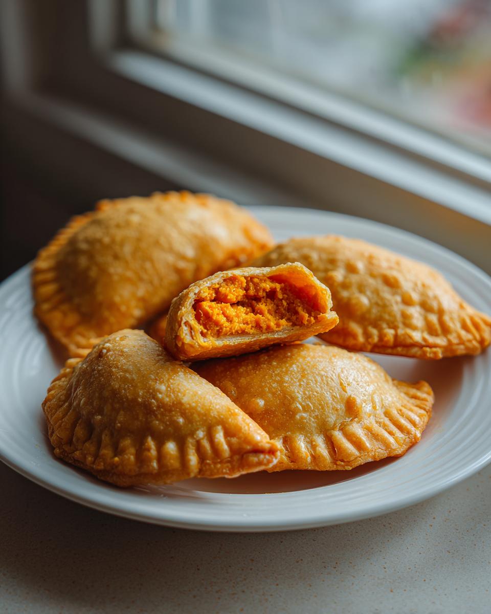 A close-up shot of golden-brown Pumpkin Empanadas on a white plate, with one empanada cut in half to reveal the pumpkin filling.