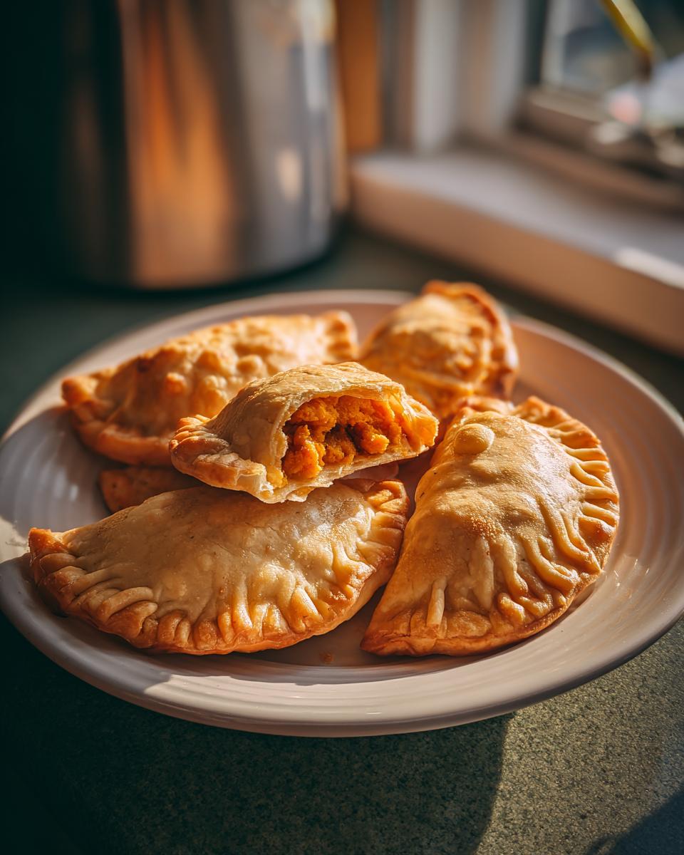 A plate of golden baked Pumpkin Empanadas, with one empanada split open to reveal the pumpkin filling.