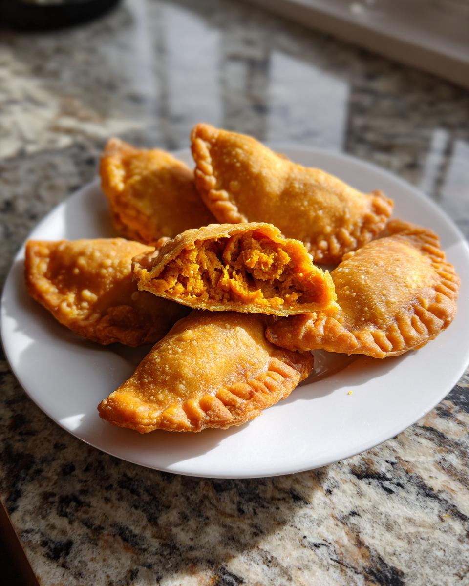 A plate of golden brown Pumpkin Empanadas, with one empanada cut in half showing the rich pumpkin filling.