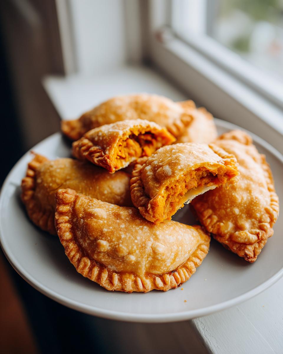 A plate of golden-brown Pumpkin Empanadas, with one empanada broken open to reveal the pumpkin filling.