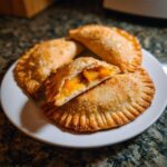 A plate of golden brown Pumpkin Empanadas, with one empanada split open to reveal the sweet pumpkin filling.