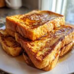 A stack of golden brown Pumpkin French Toast slices drizzled with syrup and dusted with powdered sugar.