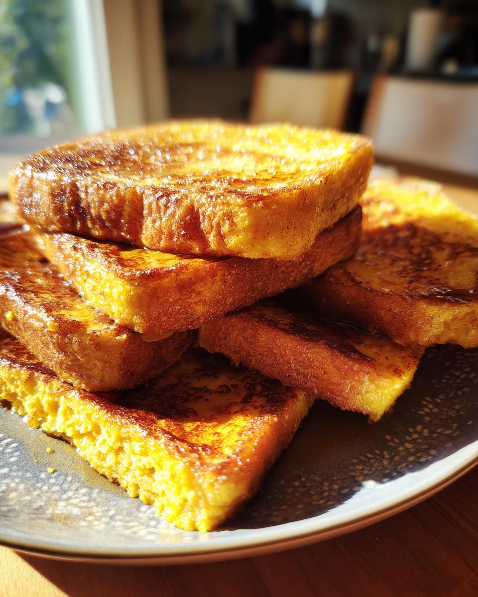 A stack of golden-brown Pumpkin French Toast slices on a plate, glistening with syrup.