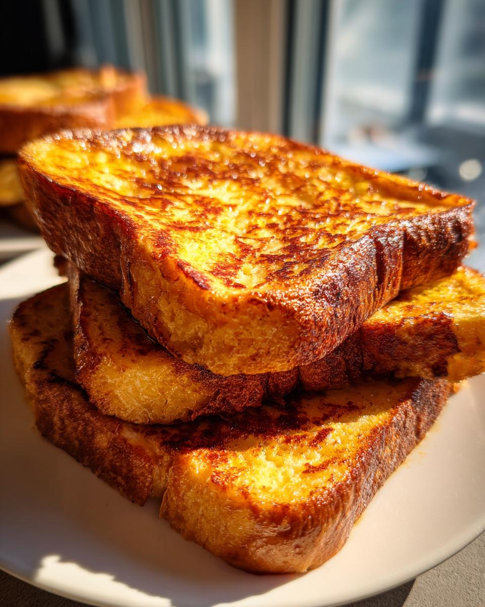 A close-up stack of golden-brown Pumpkin French Toast slices, lightly browned and perfectly cooked.