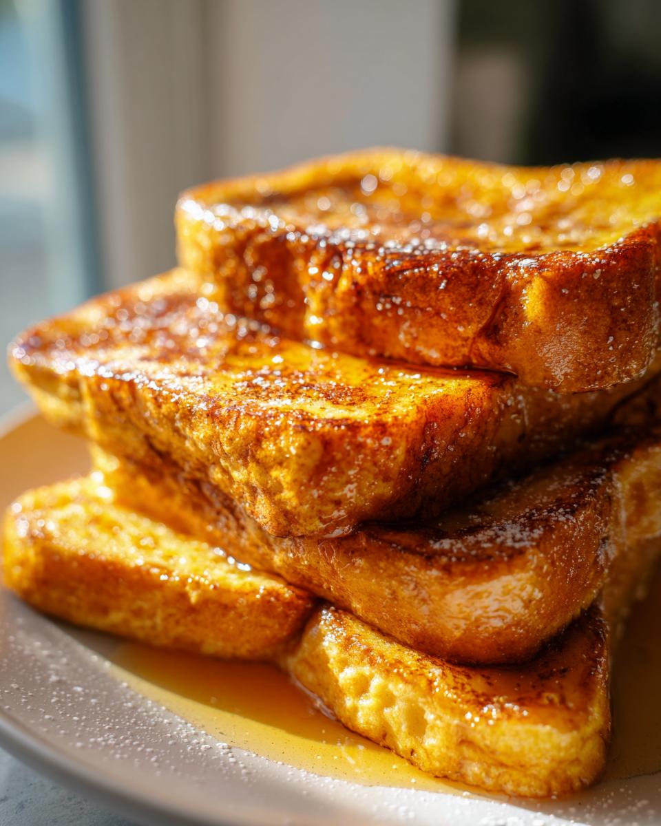 A stack of golden-brown Pumpkin French Toast slices drizzled with syrup and dusted with powdered sugar.