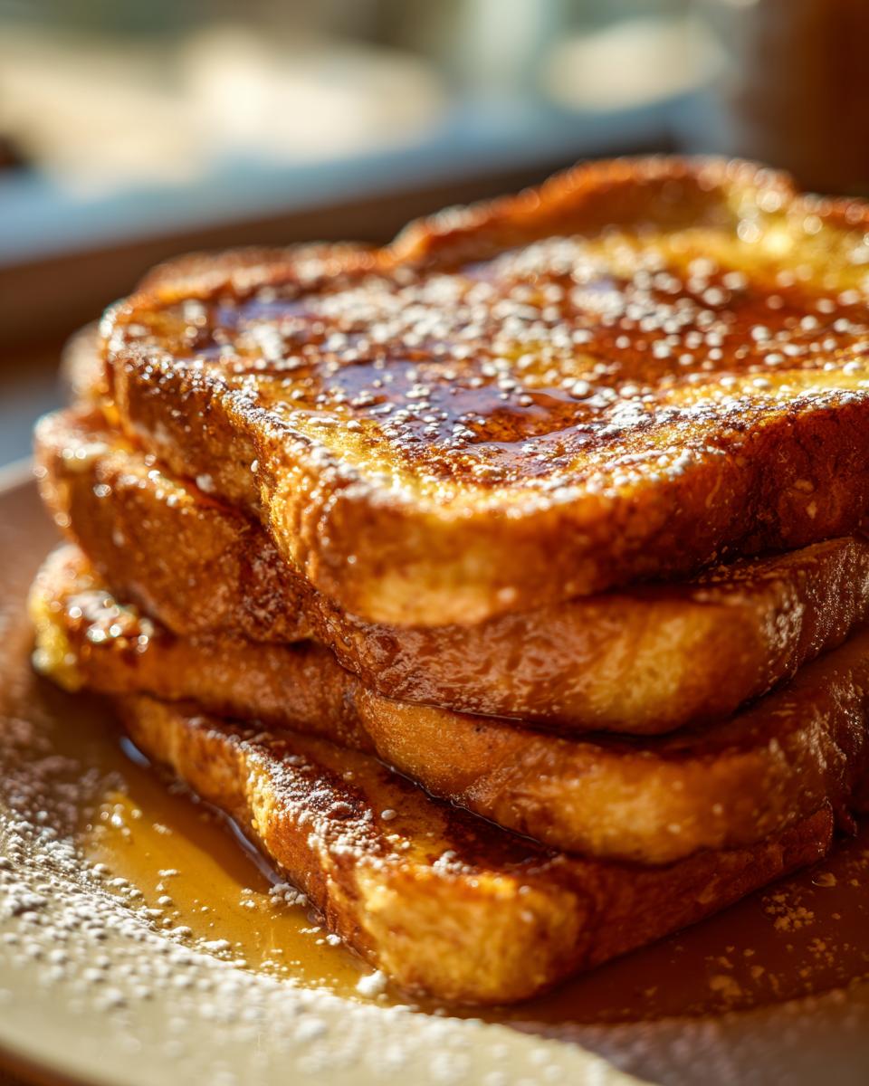 A close-up of a stack of golden-brown Pumpkin French Toast slices, dusted with powdered sugar and drizzled with syrup.