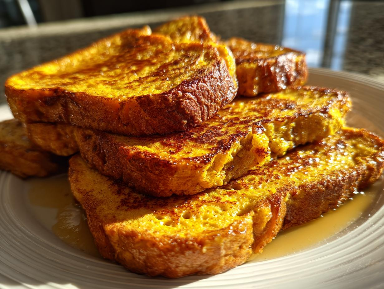 A stack of golden brown Pumpkin French Toast slices drizzled with syrup on a white plate.
