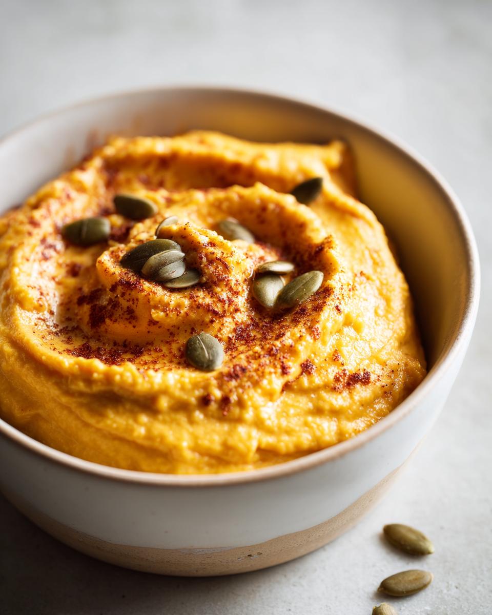 A bowl of creamy Pumpkin Hummus topped with pumpkin seeds and paprika.