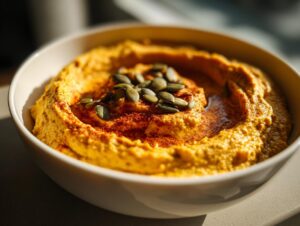 A close-up of creamy Pumpkin Hummus topped with pumpkin seeds and paprika in a white bowl.