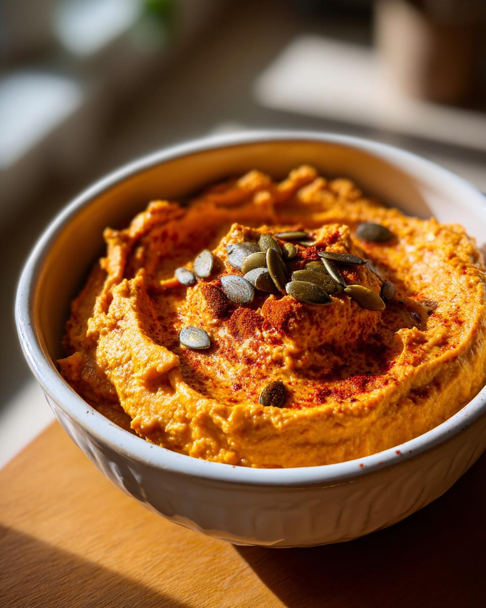 Close-up of creamy Pumpkin Hummus topped with pumpkin seeds and paprika in a white bowl.
