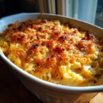 Close-up of a freshly baked Pumpkin Mac and Cheese in a white casserole dish, with a golden-brown, crispy topping.