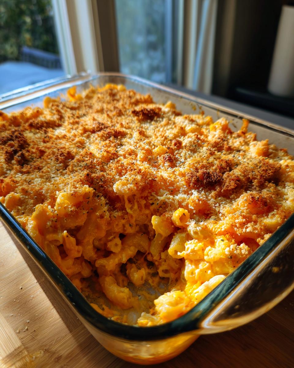 A close-up shot of a glass baking dish filled with creamy Pumpkin Mac and Cheese, topped with golden breadcrumbs.