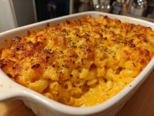 A close-up of a white baking dish filled with bubbling, golden-brown Pumpkin Mac and Cheese, topped with herbs.