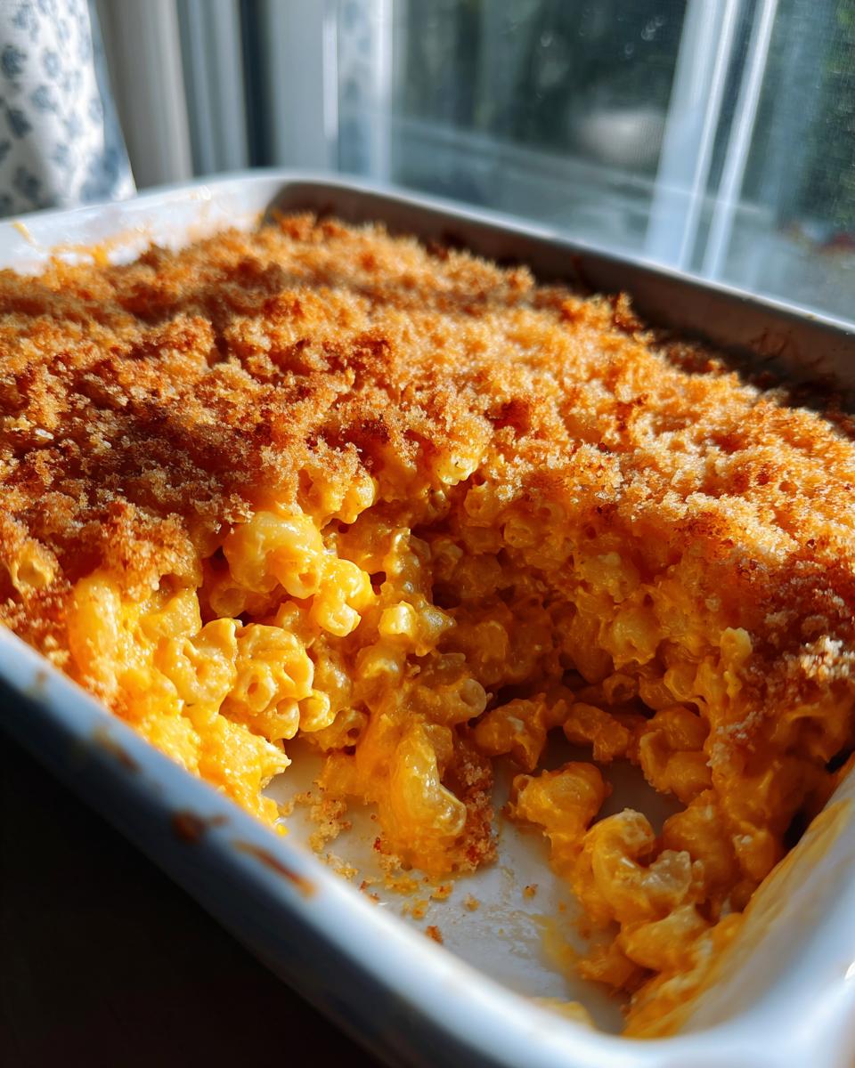 Close-up of a baked Pumpkin Mac and Cheese casserole with a golden brown crunchy topping.
