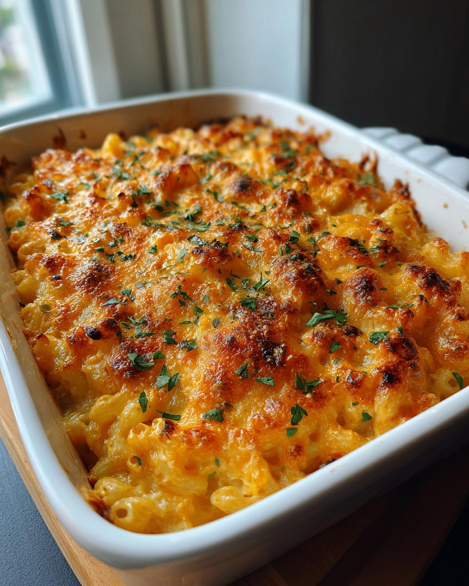 A close-up of a baked Pumpkin Mac and Cheese casserole in a white dish, topped with melted cheese and parsley.