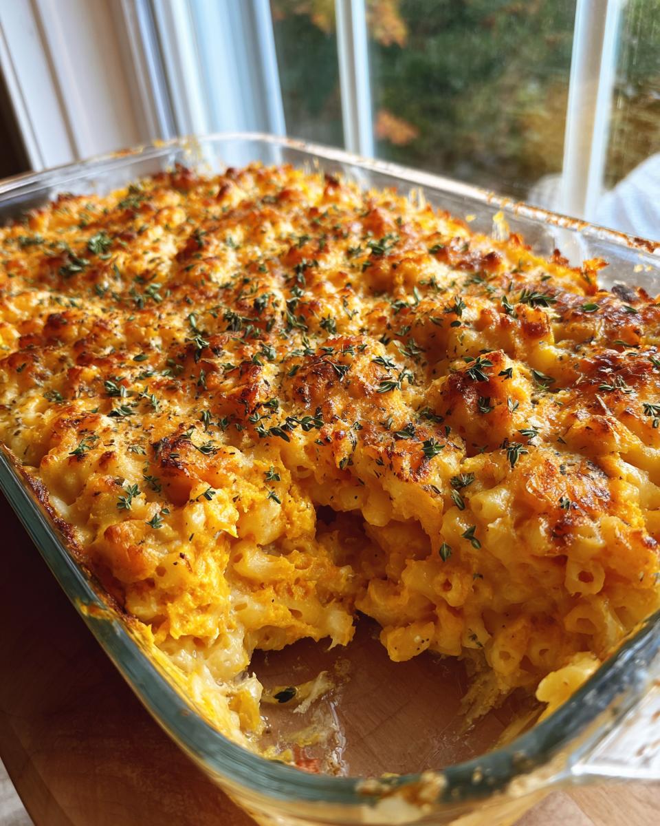 A close-up of a freshly baked Pumpkin Mac and Cheese casserole in a glass dish, topped with herbs.