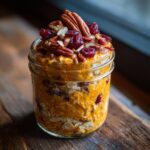 A close-up of Pumpkin Overnight Oats in a mason jar, topped with pecans, cranberries, and oats.