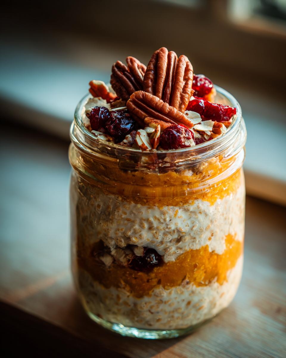 Close-up of Pumpkin Overnight Oats in a mason jar, topped with pecans, cranberries, and almonds.