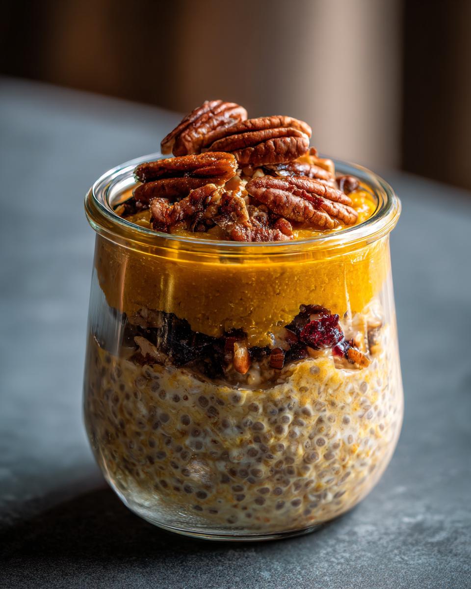A close-up of Pumpkin Overnight Oats in a glass jar, topped with pecans and dried cranberries.