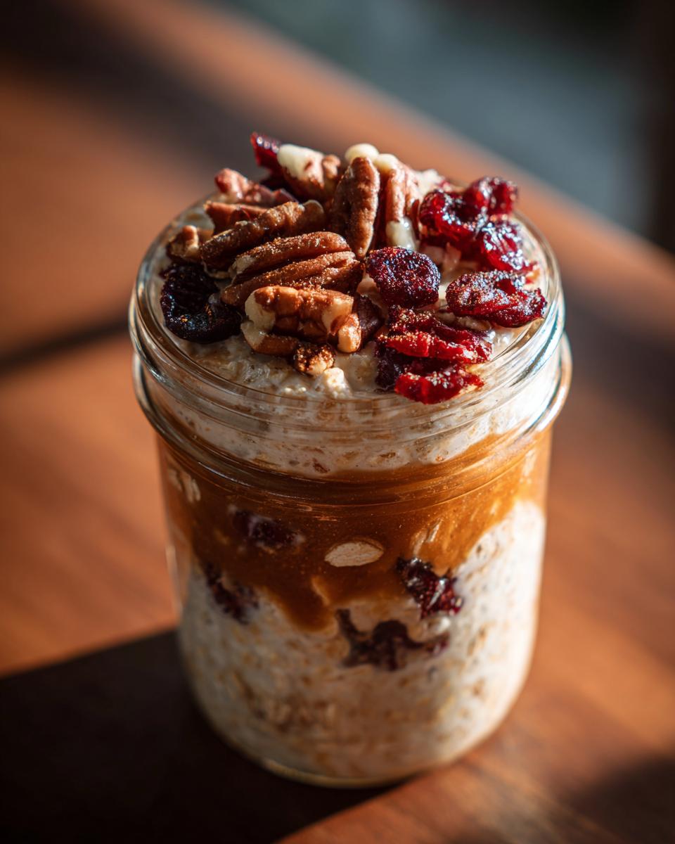 Close-up of Pumpkin Overnight Oats in a mason jar, topped with pecans and cranberries.