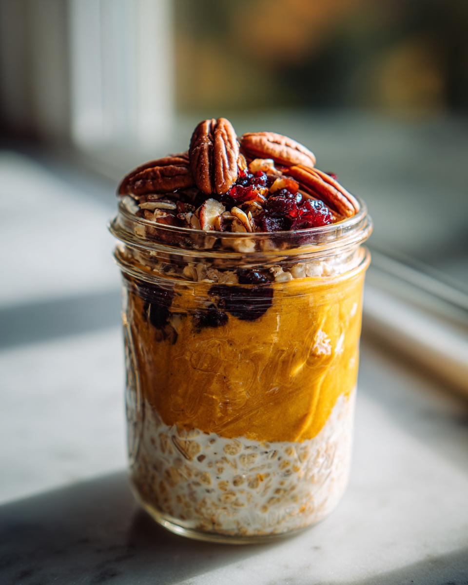 A close-up of Pumpkin Overnight Oats layered in a mason jar, topped with pecans and cranberries.