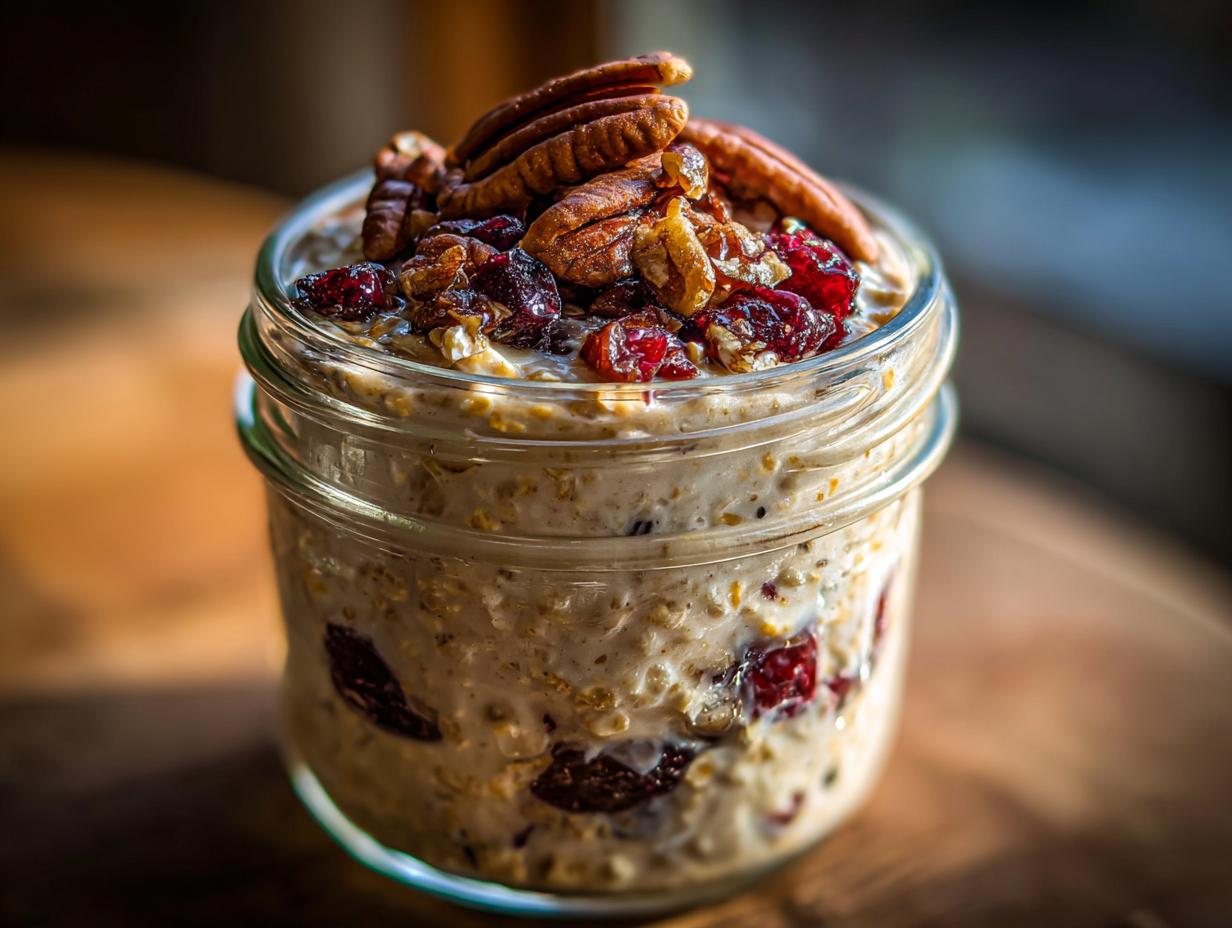 A close-up of Pumpkin Overnight Oats in a glass jar, topped with pecans and dried cranberries.