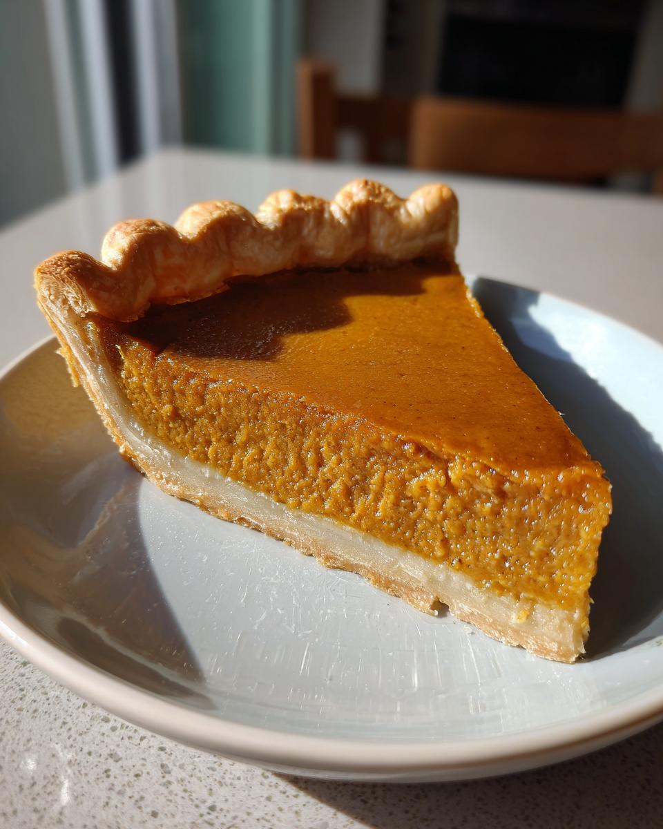 A delicious slice of classic Pumpkin Pie with a flaky crust and smooth filling, ready for the holidays.