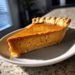 A delicious slice of classic Pumpkin Pie sits on a white plate, showcasing its rich orange filling and flaky crust.