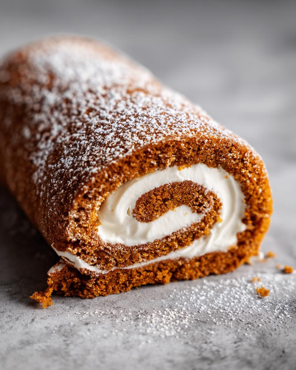 A close-up of a crack-free pumpkin roll dusted with powdered sugar, revealing a swirl of creamy filling.